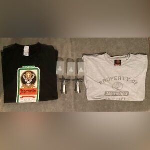 Jagermeister Lot , 2 Large Tees, 2 pewter & S.S. , 3 Frosted Shot glasses.